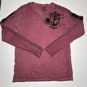 Vintage Affliction Shirt Mens Extra Large Red Long Sleeve Wings Y2K Biker Skull